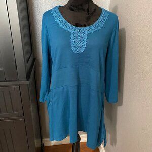 Decorated Originals Blouse Womens XL Turquoise Crochet Trim Tunic Boho Flowy